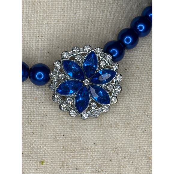 Handmade Blue Beaded Choker with Floral Crystal Accents - Picture 2 of 10